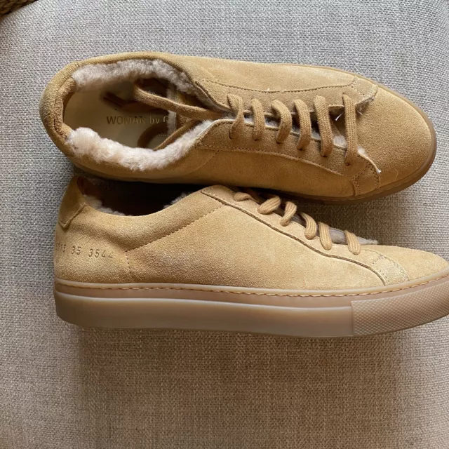 Woman by Common Projects Brown Suede Leather Sneakers with Faux Shearling EU 35