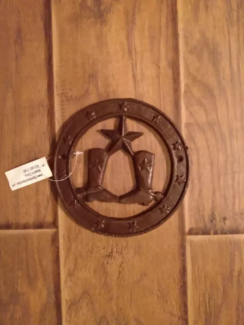 Cast Iron Texas Star & Cowboy Boots Western Rustic Ranch Wall Decor Plaque