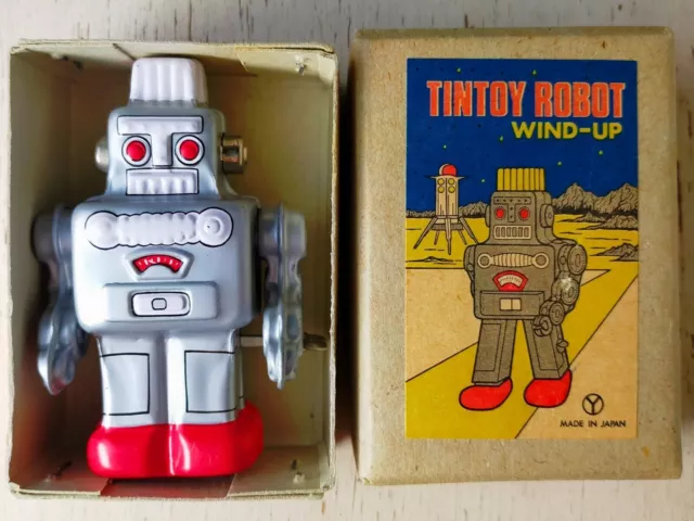 vintage Tin Toy Robot Wind-Up Spring Action Yonezawa Argent Très Bon Du Japon