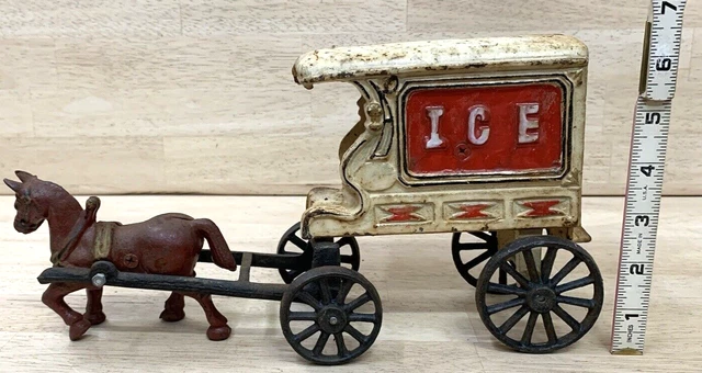 CAST IRON ICE WAGON BUGGY HORSE DRAWN Toy Red Black White Vintage