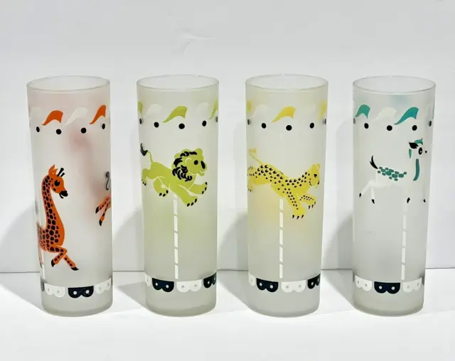 Vintage Rare MCM Libbey Tom Collins Frosted Carousel Animal Glasses Set of 4