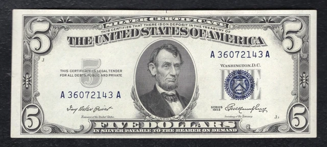 Fr. 1655 1953 $5 Five Dollars Silver Certificate Note About Uncirculated (B)