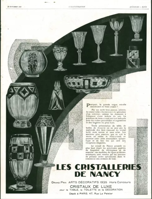 Publicité ancienne les cristalleries de Nancy 1929 issue de magazine