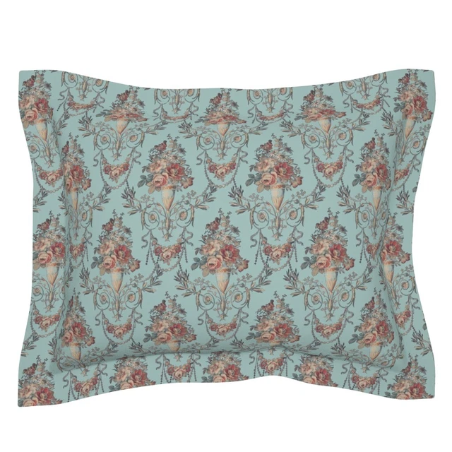 Edith Roses Blue French Toile Brocade Shabby Chic Pillow Sham by Spoonflower