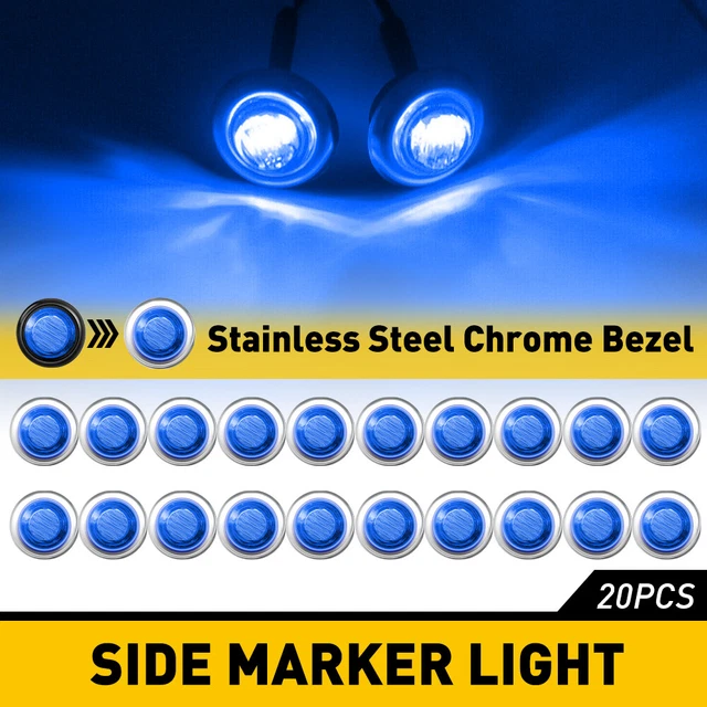 20pcs Chrome Blue 3/4" Bullet Round LED Side Marker Lights For Trailer Truck RV