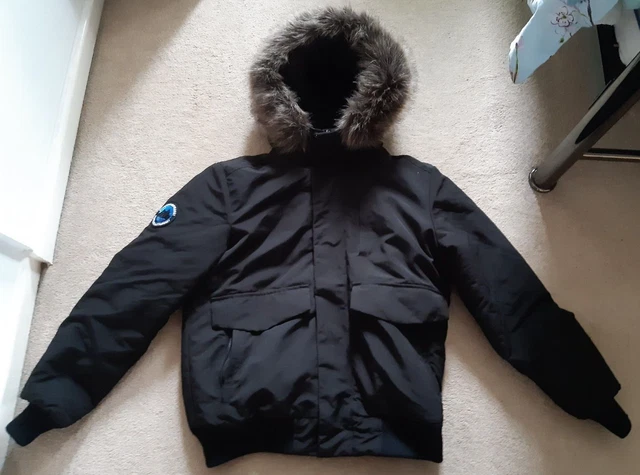 Men's SUPERDRY Black Everest Bomber Jacket with Faux Fur Trim Hood (L) *NEW*