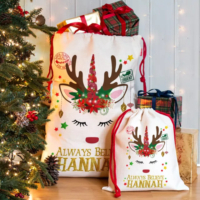 Unicorn Santa Sack Christmas Reindeer Xmas Bag Stocking Personalised Name NS031