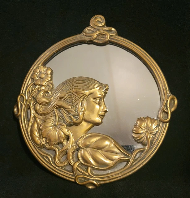 FABULOUS OLD ROUND Brass Art Nouveau Mirror With Lady / Maiden £57.53