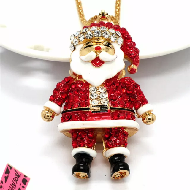 New Fashion Women Crystal  Red Enamel Santa Claus Pendant Long Chain Necklace