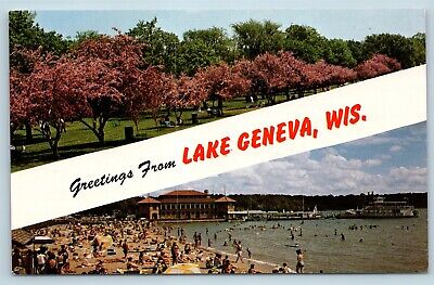 Postcard WI Banner Dual View Greetings From Lake Geneva Wisconsin Vintage P11