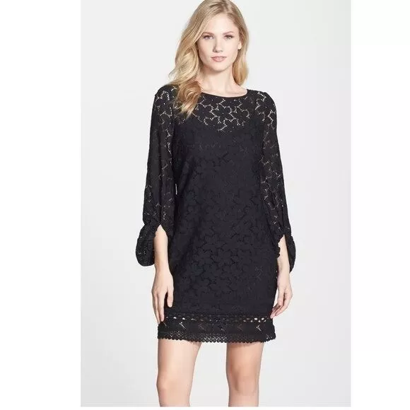 New Laundry By Shelli Segal Black Floral Lace Gathered Long Sleeved Shift Dress