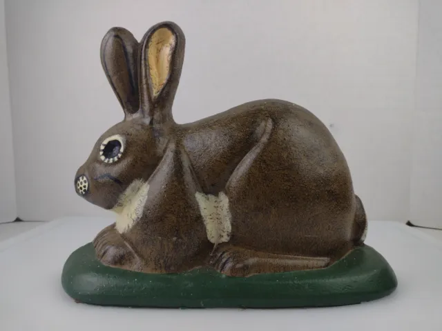 8lb Vintage cast iron, metal door stop. Hand painted bunny rabbit figure,