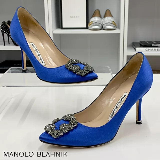 MANOLO BLAHNIK HANGISI Crystal Buckle Satin Pointed Toe Blue 36 w/storage bags