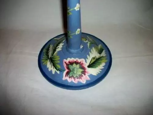 Vintage Hp Tole Hat Stand Wood French Blue Floral Vines Millinery 2