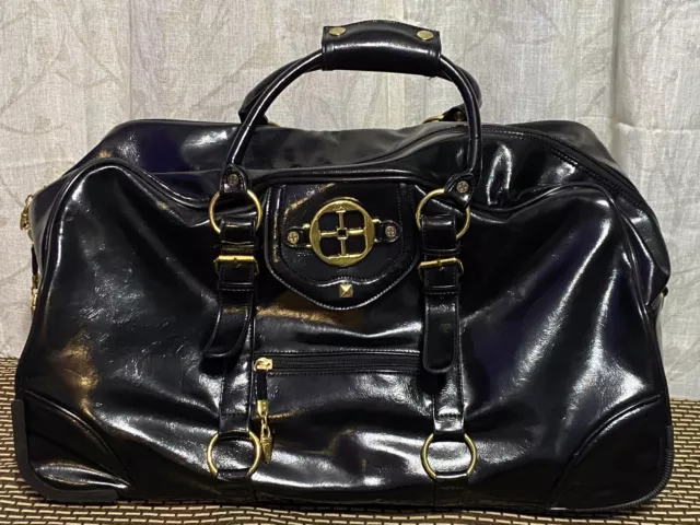 IMAN Rolling Black Leather Duffle Bag Extendable Handle