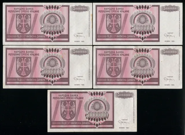 CROATIA (RSK Krajina KNIN) LOT SET 5 Notes 50 Million Dinara 1993 P-R14 (VF-XF)