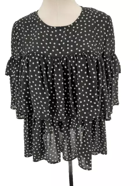 Neiman Marcus Woman's Black Polka Dot Ruffles Slinky Blouse Size XL Keyhole Neck