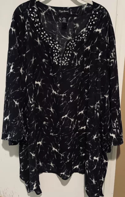 Maggie Barnes Plus 5X 34/36W Shirt Top Sheer Beaded Artsy Rhinestones Blouse EUC