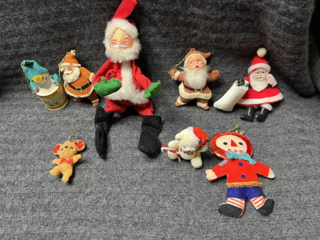 Vintage Pixie Elf Santa Annalee  Doll Felt Flocked Foam Christmas Ornament Lot