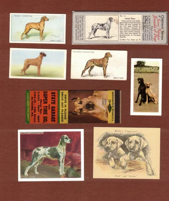 Great Dane dog cigarette trade cards and matchbook cover, set of 8