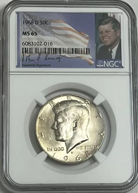1968 D Ngc Ms65 Silver Kennedy Half Dollar Jfk Coin Signature Flag Label 50C