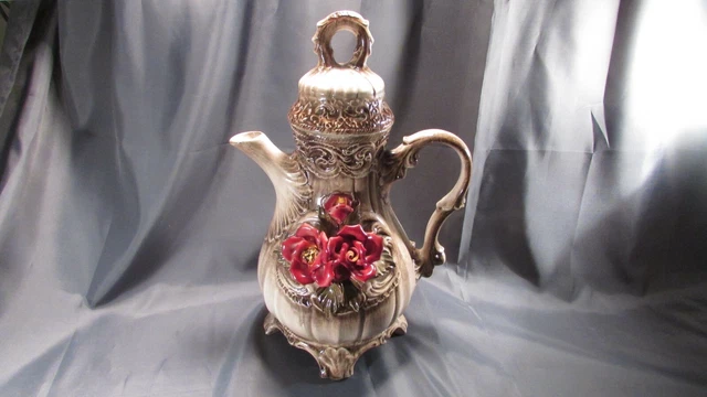 Vintage Capodimonte Large Pitcher Lid Urn Ewer Vase Italy Porcelain Roses 17.5"