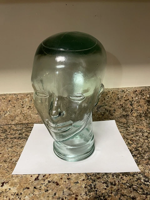 Vintage 10" Clear Glass Head with Green Tint, Wig-Hat Mannequin Display Stand