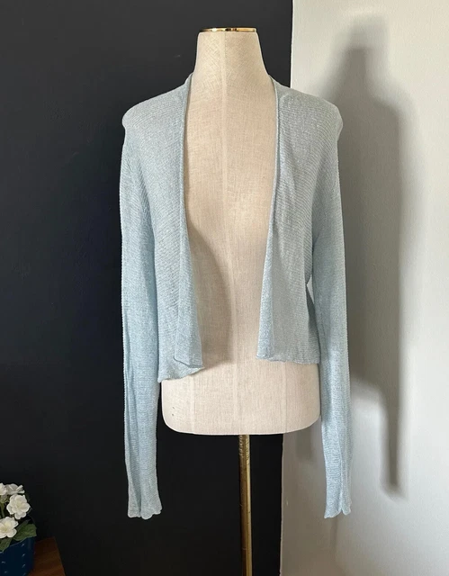 Eileen Fisher Cardigan Womens Linen Silk Blend Open Front Knit Sweater Sz M Blue