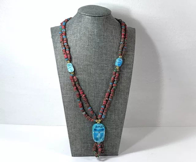 Vintage Egyptian Scarabs & Mummy & Gold Tone Beads Necklace. 20" Long. 3" Drop.