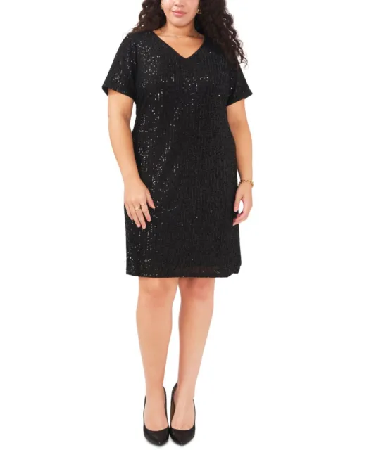 vince Camuto Womens Plus Size V-Neck Short-Sleeve Sequin Dress 92522723 1X