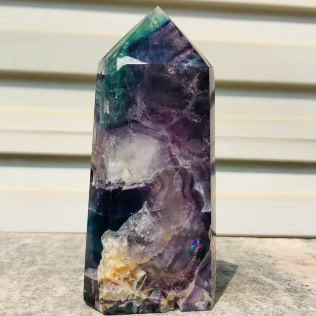 378g Natural Beautiful Color Fluorite Crystal Obelisk Quartz Healing Wand Point