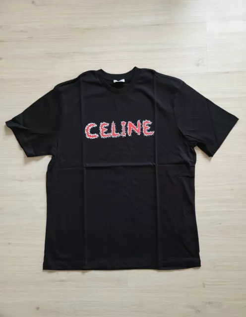 Celine Men's Authentic Black Printed Cotton T-Shirt,Size L