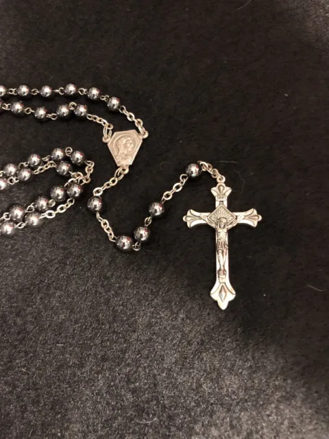 Black Hematite Stone Beads Rosary Necklace Jerusalem Holy Soil Cross Crucifix