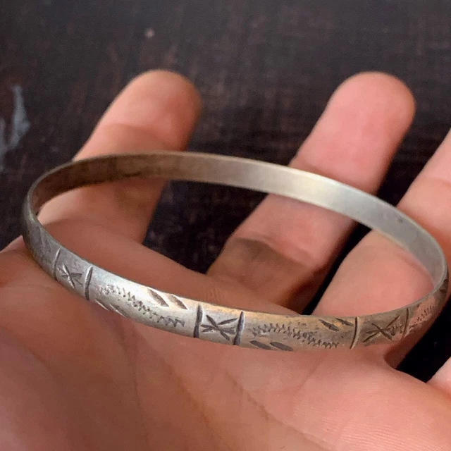 Old Vintage Handmade Moroccan Berber Tuareg Engraved Silvered Bronze Bracelet
