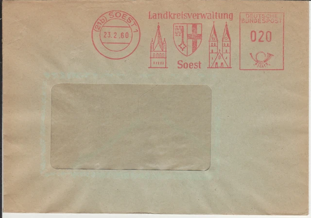 Dienstbrief mit Freistempel / AFS Landkreis Soest, Wappen, Türme, 1960