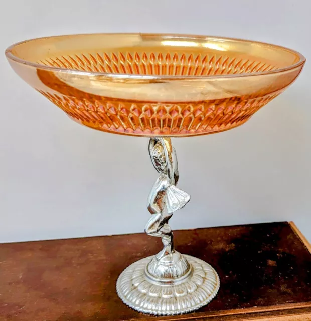 9" Marigold Carnival Glass Ribbed Bowl Silver Tone Angel Fairy Wings Pedestal