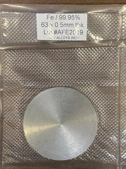 Iron SEM Sputter target: Fe 99.95% pure, 57mm diameter x 0.5mm thick