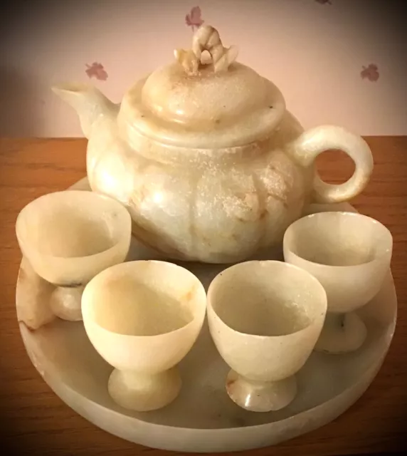 ANTIQUE SIX PIECE CARVED JADE TEA SET FROM CHINA (With tea stains in teapot!)