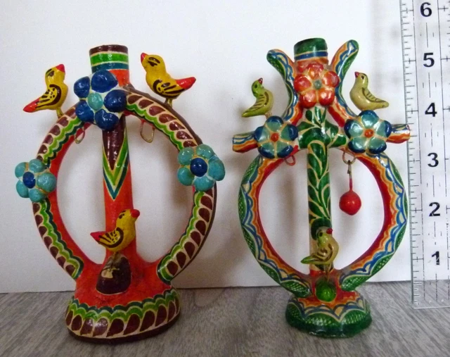 2 VINTAGE MEXICAN Pottery Folk Art Heart Bird Tree of Life 5 5/8