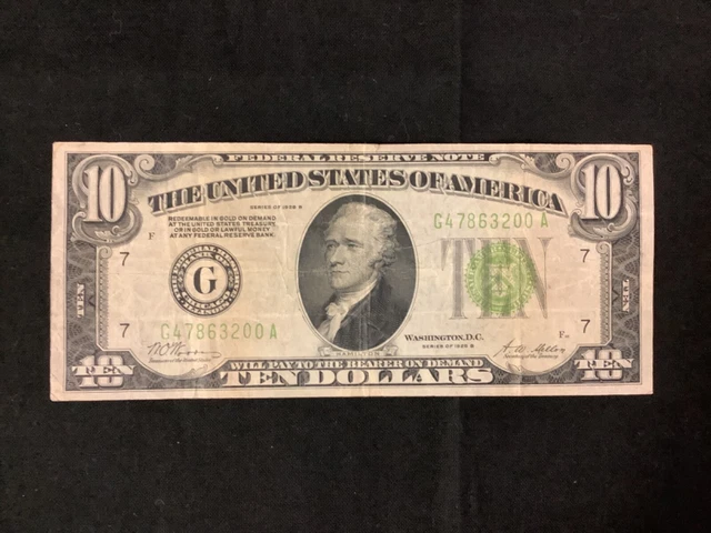 1928 Series B $10 Ten Dollar Banknote, Lime Green Seal!!!