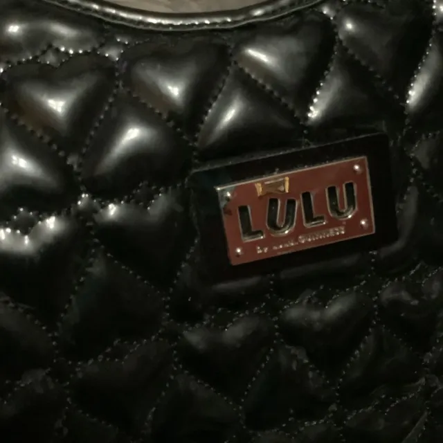 LULU GUINNESS QUILTED Hearts Black Purse Tote Bag Patent Vegan Leather ...