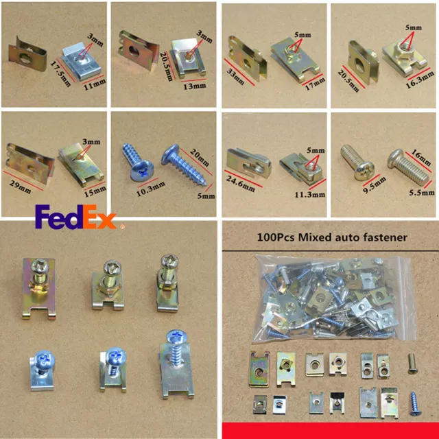 100pc Mixed Car Body Panel Bumper Fixed Fender Fastener Screw U Type Metal Clips