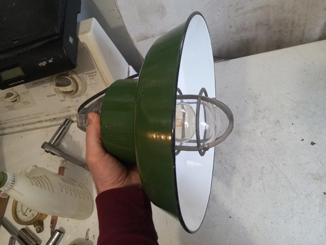 Vtg Explosion Proof Gas Station Industrial Light Green Enamel Shade Cage