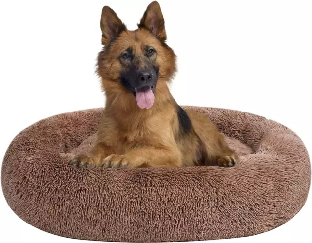 Coohom Oval Calming Donut Cuddler Dog Bed,Shag Faux Fur L(30"x24"x7"), Camel