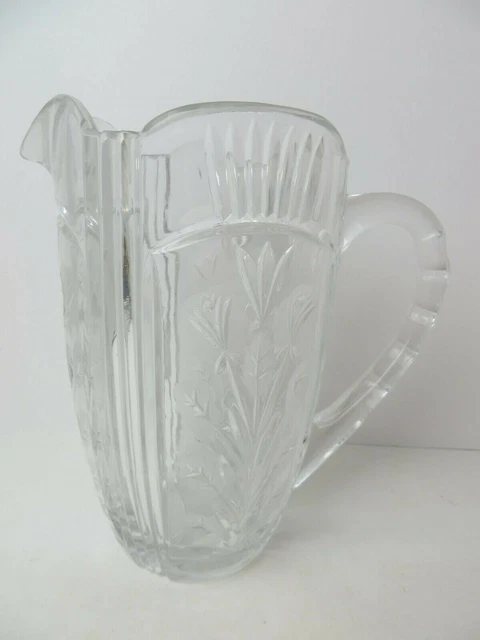 Vtg Heavy Pressed Glass Pitcher Ornate Top Edge Handle and Etched Flowers  #4422