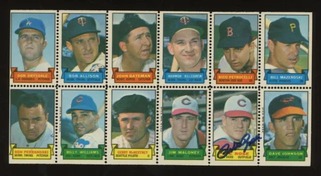 Pete Rose Signed 1969 Topps Baseball STAMPS Uncut Sheet (12) AUTO w/ HOFers