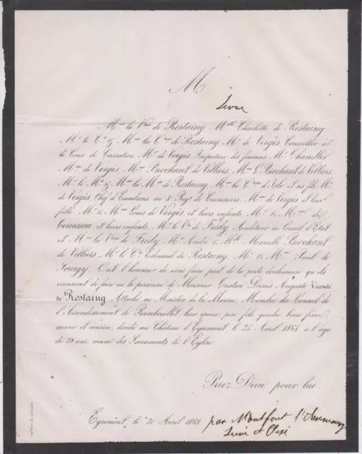 1868 Faire-part décès Tristan de ROSTAING, château d'Egremont à Méré (Yvelines).