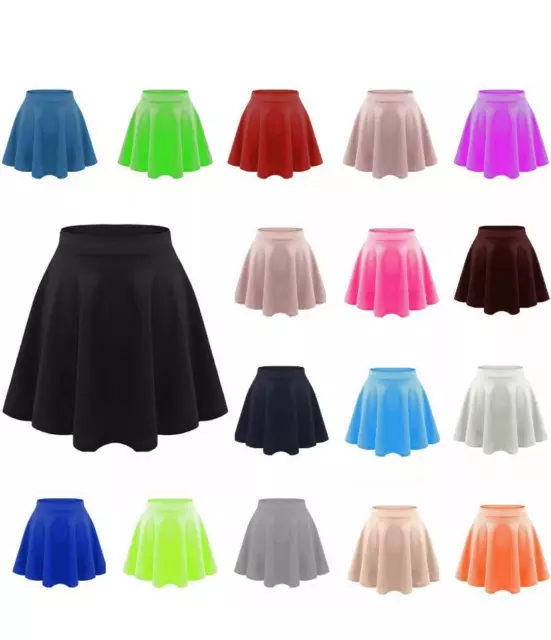 Kids Girls Plain Flippy Flared High Waistband Stretch Skater School Party SkirtS