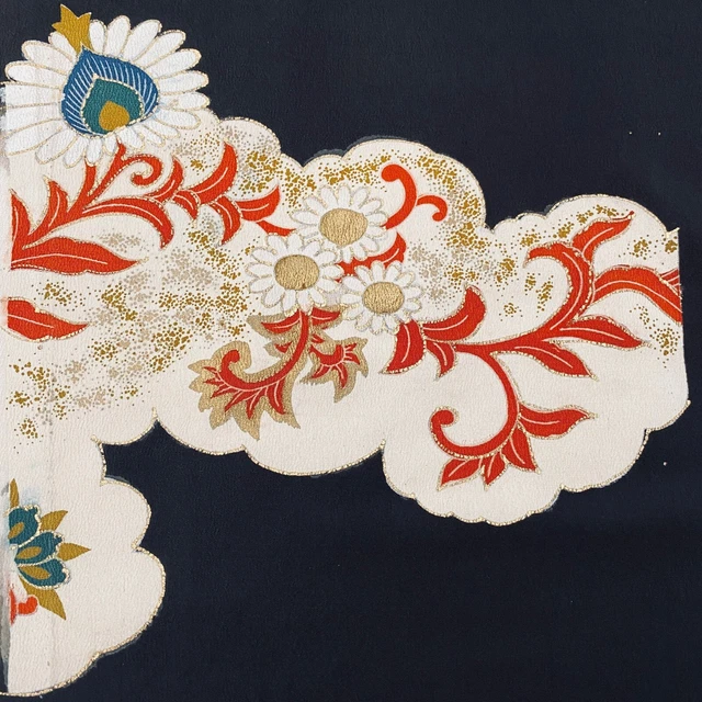 Orient #A 13.5x65 LONG Antique Tomesode Black Silk Japanese Kimono Fabric ToD59