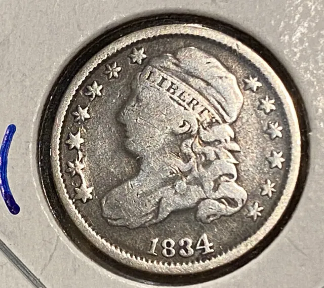 1834 Capped Bust Dime 10c JR-3 cool retained cud stars 1-5